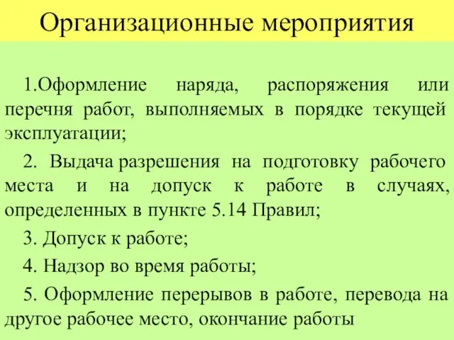 Организационные мероприятия 1.Оформление наряда, распоряжения или перечня работ, выполняемых в