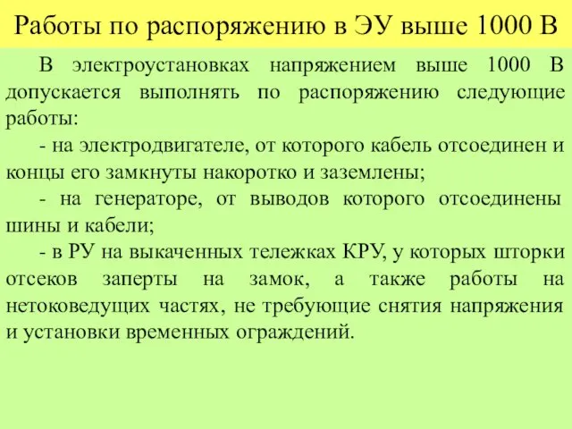 Работы по распоряжению в ЭУ выше 1000 В В электроустановках