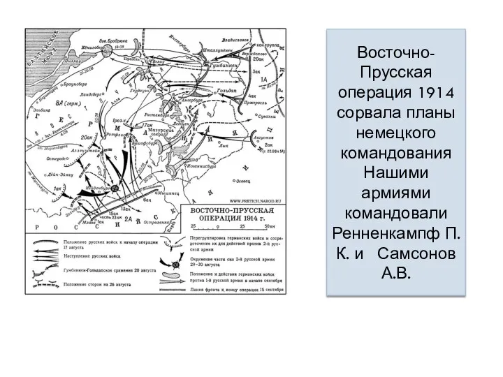 Восточно-Прусская операция 1914 сорвала планы немецкого командования Нашими армиями командовали Ренненкампф П.К. и Самсонов А.В.