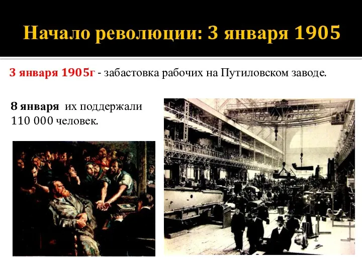 Начало революции: 3 января 1905 3 января 1905г - забастовка рабочих на Путиловском