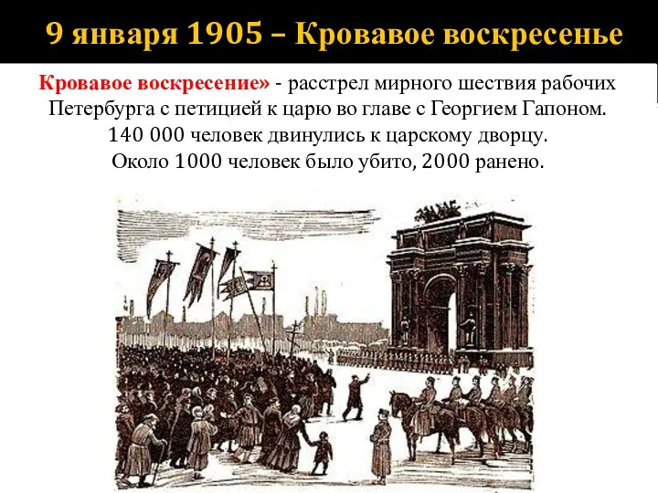 9 января 1905 – Кровавое воскресенье Кровавое воскресение» - расстрел мирного шествия рабочих