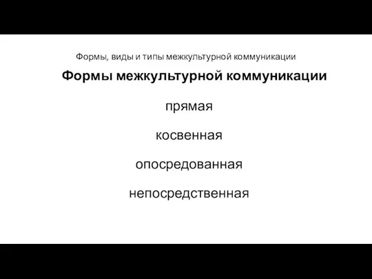 Формы, виды и типы межкультурной коммуникации Формы межкультурной коммуникации прямая косвенная опосредованная непосредственная