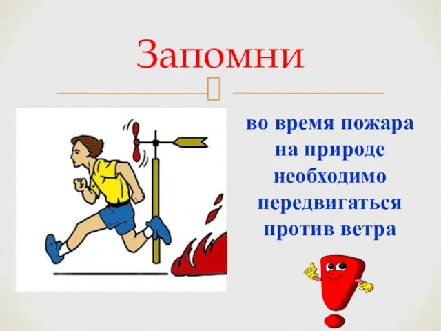 Запомни во время пожара на природе необходимо передвигаться против ветра