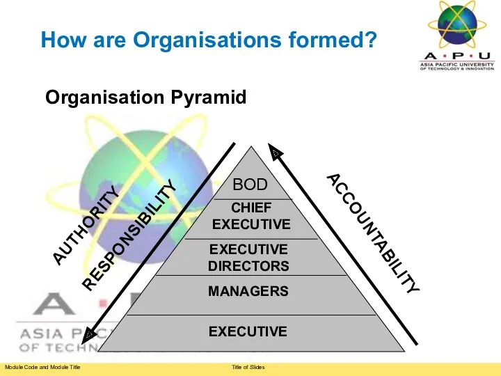 Organisation Pyramid BOD CHIEF EXECUTIVE EXECUTIVE DIRECTORS MANAGERS EXECUTIVE AUTHORITY RESPONSIBILITY ACCOUNTABILITY How are Organisations formed?