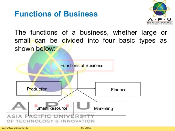 Functions of Business The functions of a business, whether large