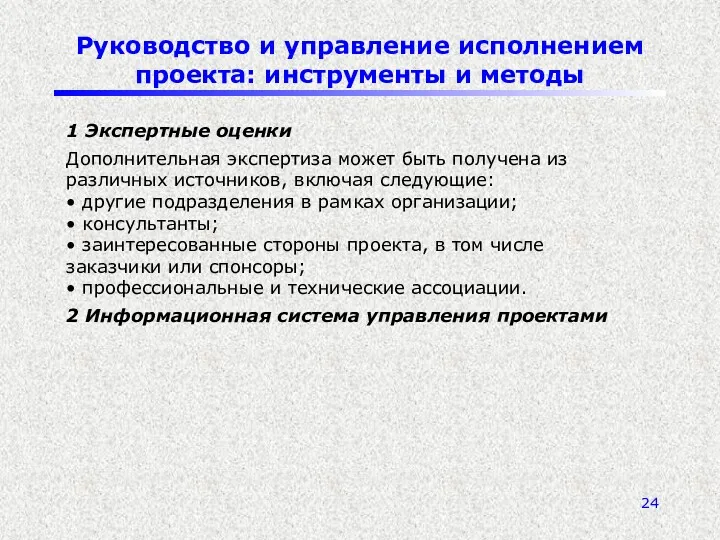 Руководство и управление исполнением проекта: инструменты и методы 1 Экспертные