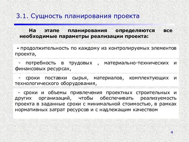 3.1. Сущность планирования проекта - сроки поставки сырья, материалов, комплектующих