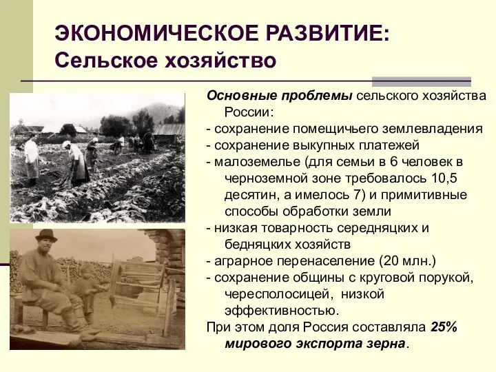 ЭКОНОМИЧЕСКОЕ РАЗВИТИЕ: Сельское хозяйство Основные проблемы сельского хозяйства России: - сохранение помещичьего землевладения