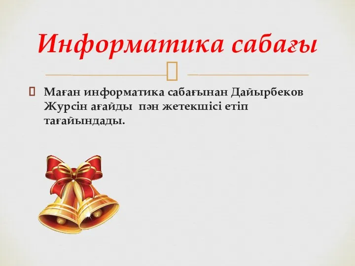 Маған информатика сабағынан Дайырбеков Журсін ағайды пән жетекшісі етіп тағайындады. Информатика сабағы