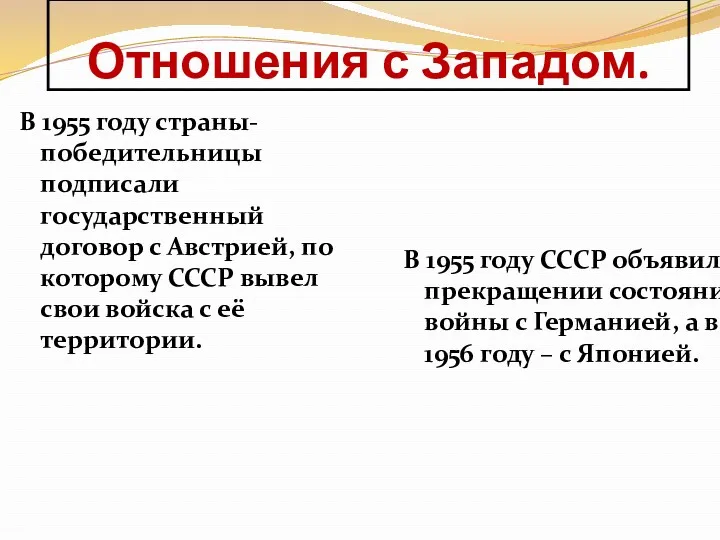 В 1955 году страны-победительницы подписали государственный договор с Австрией, по