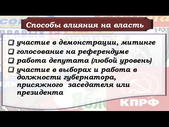 Способы влияния на власть участие в демонстрации, митинге голосование на