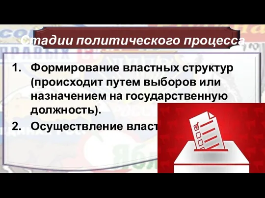 Стадии политического процесса Формирование властных структур (происходит путем выборов или назначением на государственную должность). Осуществление власти.