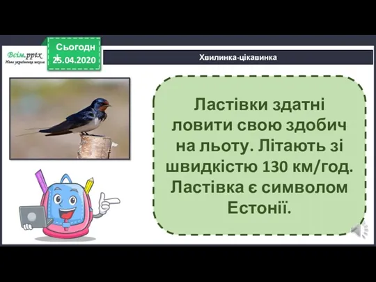 25.04.2020 Сьогодні Хвилинка-цікавинка Ластівки здатні ловити свою здобич на льоту.