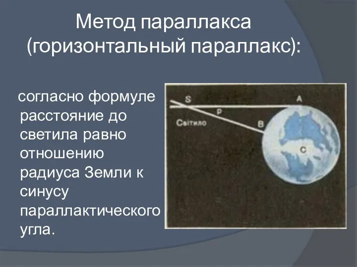 Метод параллакса (горизонтальный параллакс): согласно формуле расстояние до светила равно