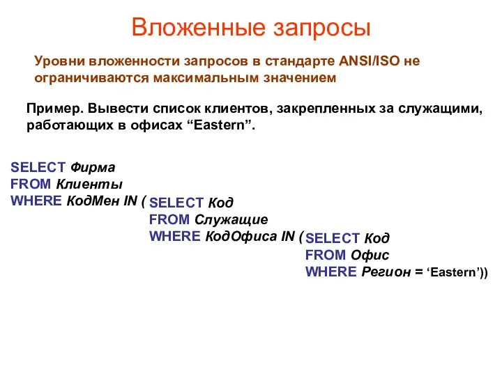 Вложенные запросы Уровни вложенности запросов в стандарте ANSI/ISO не ограничиваются