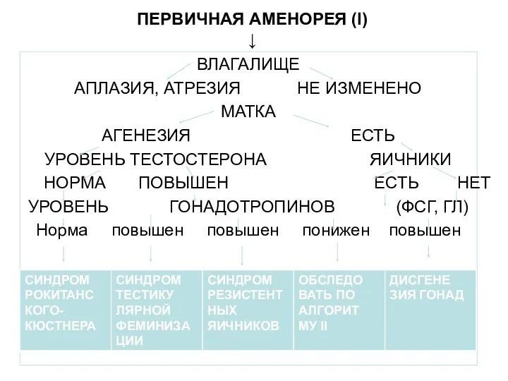 ПЕРВИЧНАЯ АМЕНОРЕЯ (I) ↓ ВЛАГАЛИЩЕ АПЛАЗИЯ, АТРЕЗИЯ НЕ ИЗМЕНЕНО МАТКА