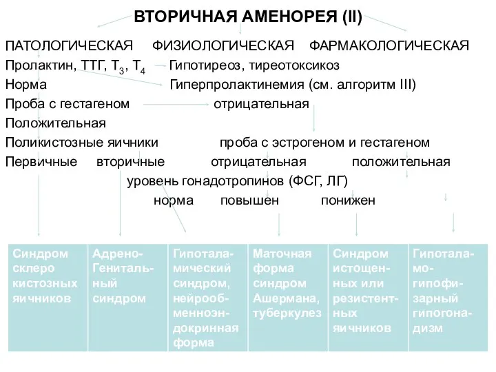 ВТОРИЧНАЯ АМЕНОРЕЯ (II) ПАТОЛОГИЧЕСКАЯ ФИЗИОЛОГИЧЕСКАЯ ФАРМАКОЛОГИЧЕСКАЯ Пролактин, ТТГ, Т3, Т4