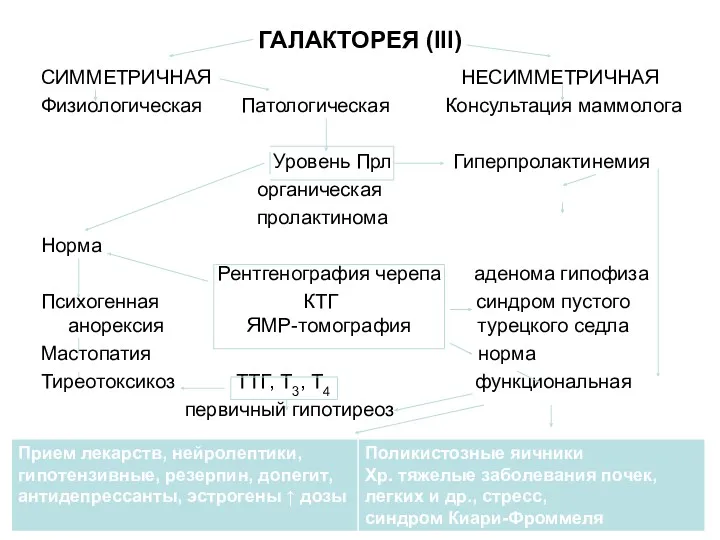 ГАЛАКТОРЕЯ (III) СИММЕТРИЧНАЯ НЕСИММЕТРИЧНАЯ Физиологическая Патологическая Консультация маммолога Уровень Прл