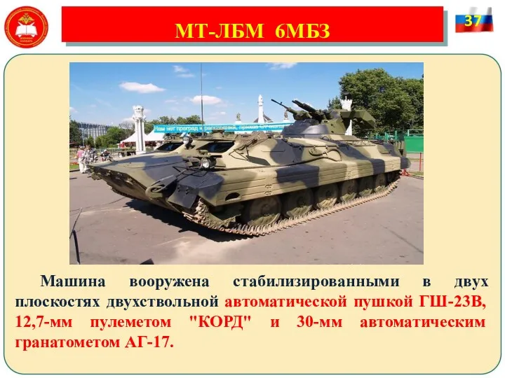 МТ-ЛБМ 6МБЗ Машина вооружена стабилизированными в двух плоскостях двухствольной автоматической пушкой ГШ-23В, 12,7-мм