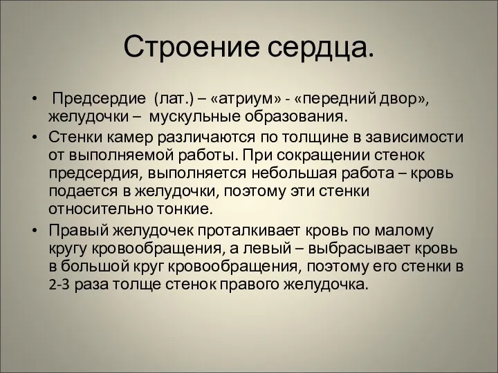 Строение сердца. Предсердие (лат.) – «атриум» - «передний двор», желудочки