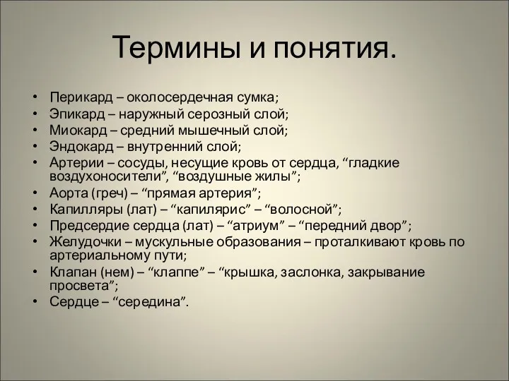 Термины и понятия. Перикард – околосердечная сумка; Эпикард – наружный