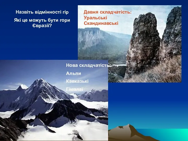 Назвіть відмінності гір Які це можуть бути гори Євразії? Давня