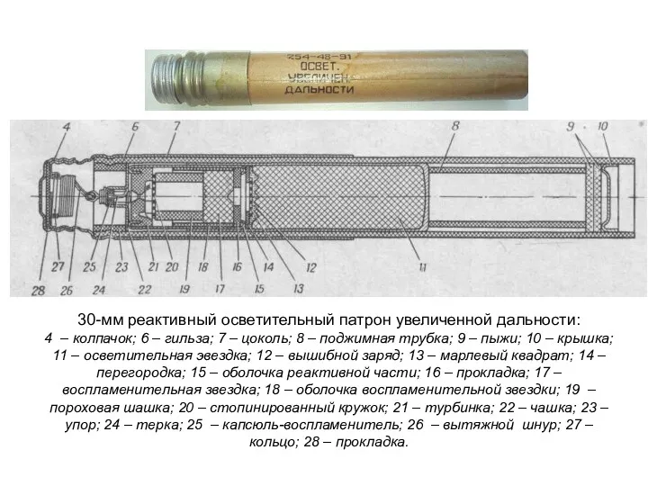 30-мм реактивный осветительный патрон увеличенной дальности: 4 – колпачок; 6