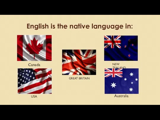 English is the native language in: NEW ZEALAND GREAT BRITAIN Australia Canada USA