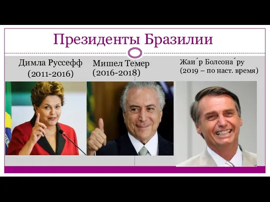 Президенты Бразилии Димла Руссефф (2011-2016) Мишел Темер (2016-2018) Жаи́р Болсона́ру (2019 – по наст. время)