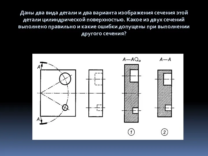 Даны два вида детали и два варианта изображения сечения этой