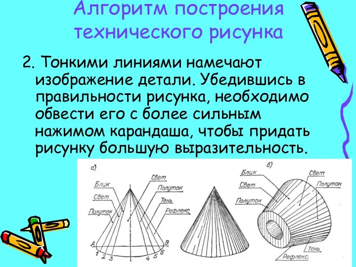 Алгоритм построения технического рисунка 2. Тонкими линиями намечают изображение детали.