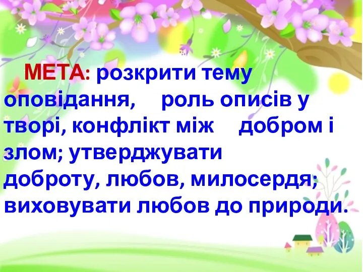 МЕТА: розкрити тему оповідання, роль описів у творі, конфлікт між