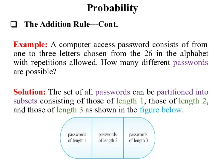 Probability The Addition Rule---Cont. Example: A computer access password consists