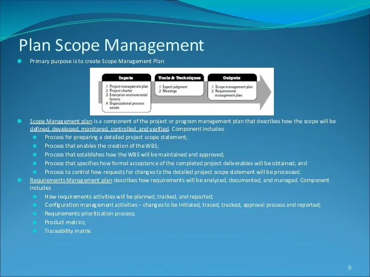 Plan Scope Management Primary purpose is to create Scope Management