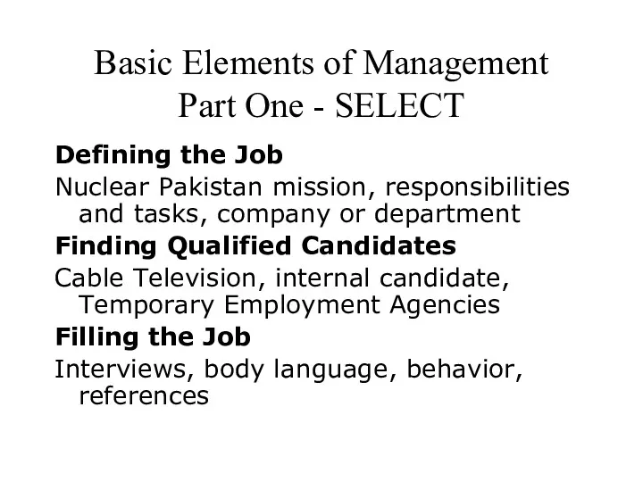 Basic Elements of Management Part One - SELECT Defining the