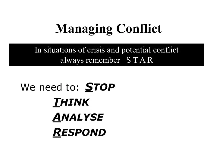 Managing Conflict We need to: STOP THINK ANALYSE RESPOND In