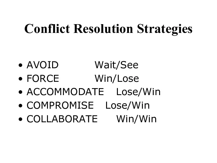 Conflict Resolution Strategies AVOID Wait/See FORCE Win/Lose ACCOMMODATE Lose/Win COMPROMISE Lose/Win COLLABORATE Win/Win