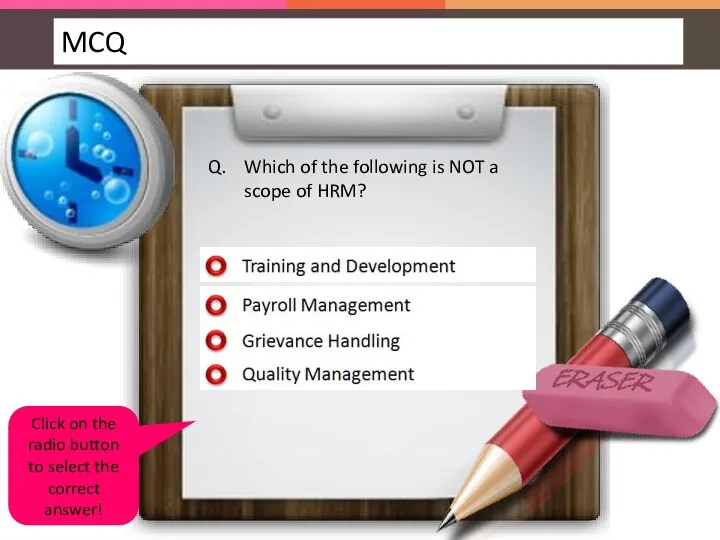 Q. Which of the following is NOT a scope of HRM? Click on