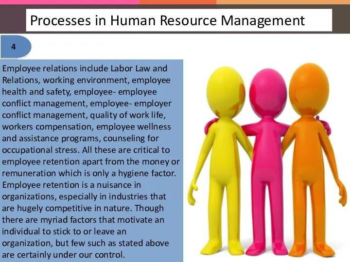 Employee relations include Labor Law and Relations, working environment, employee health and safety,
