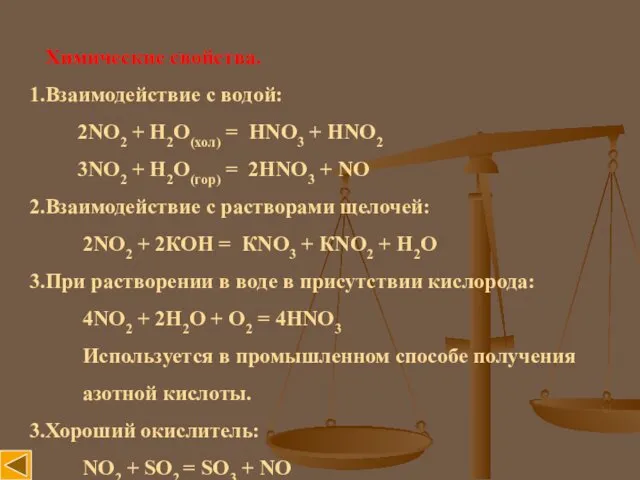 Химические свойства. Взаимодействие с водой: 2NO2 + H2O(хол) = HNO3