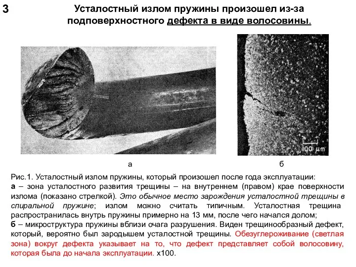 3 Рис.1. Усталостный излом пружины, который произошел после года эксплуатации: