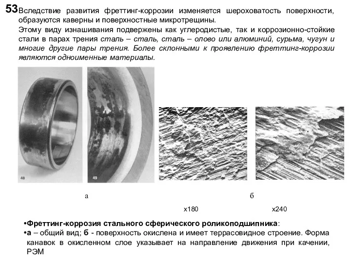 53 Фреттинг-коррозия стального сферического роликоподшипника: а – общий вид; б