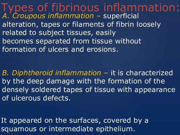 Types of fibrinous inflammation: It appeared on the surfaces, covered