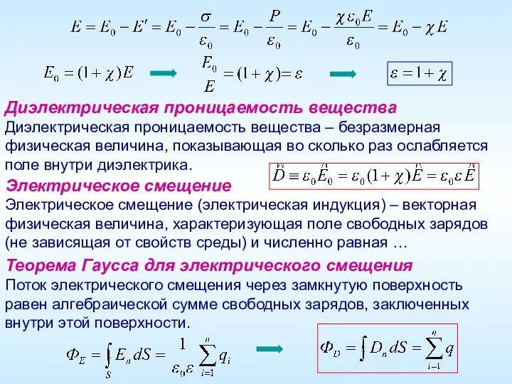 Электрическое смещение Электрическое смещение (электрическая индукция) – векторная физическая величина,