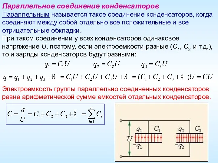 Параллельное соединение конденсаторов Параллельным называется такое соединение конденсаторов, когда соединяют