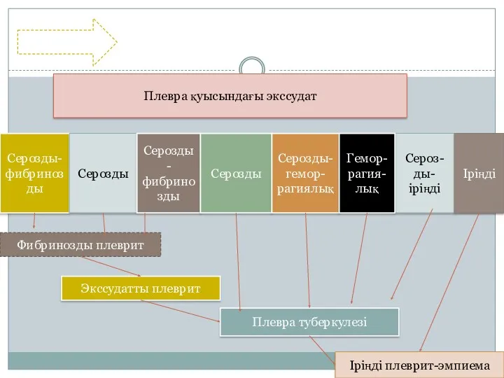 Плевра қуысындағы экссудат Серозды-фибринозды Серозды Серозды-фибринозды Серозды Серозды-гемор-рагиялық Сероз-ды-іріңді Гемор-рагия-лық