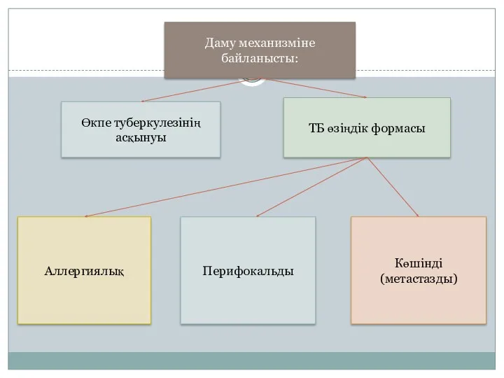Даму механизміне байланысты: Өкпе туберкулезінің асқынуы ТБ өзіңдік формасы Перифокальды Көшінді (метастазды) Аллергиялық