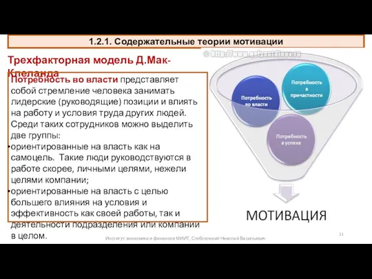 1.2.1. Содержательные теории мотивации Трехфакторная модель Д.Мак-Клеланда Потребность во власти