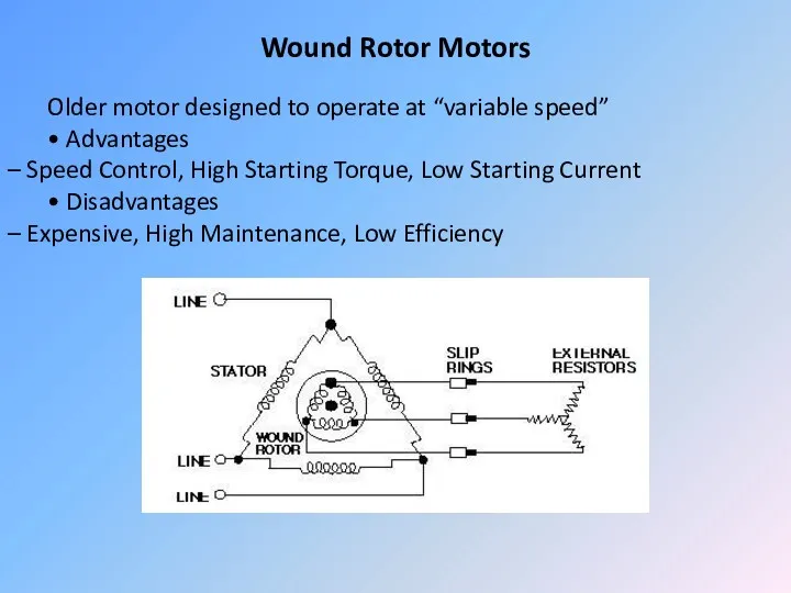 Wound Rotor Motors Older motor designed to operate at “variable