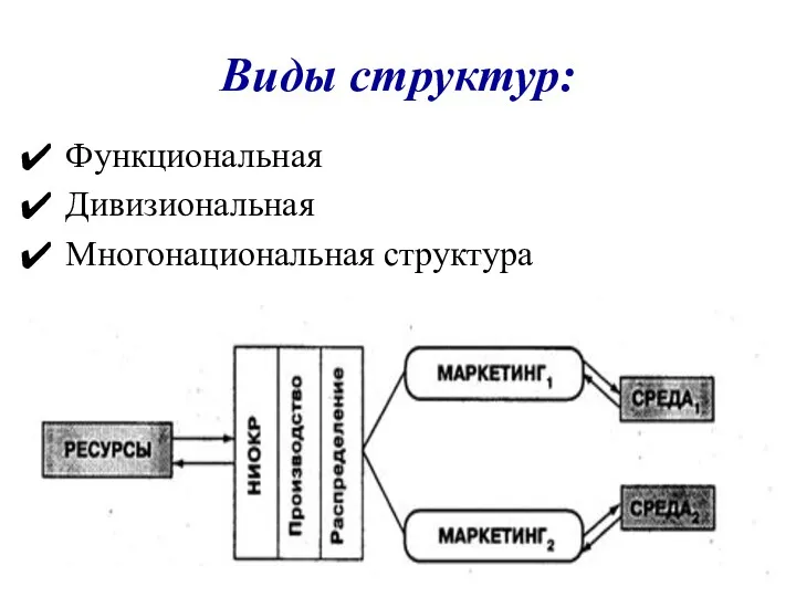 Виды структур: Функциональная Дивизиональная Многонациональная структура